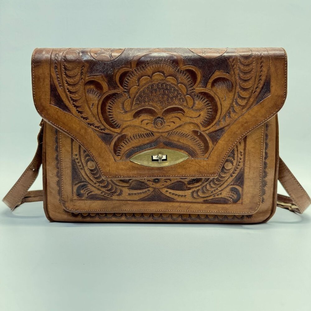 Vintage Hand Tooled Leather Shoulder Bag Made In Mexico Rose Flower - Picture 1 of 16